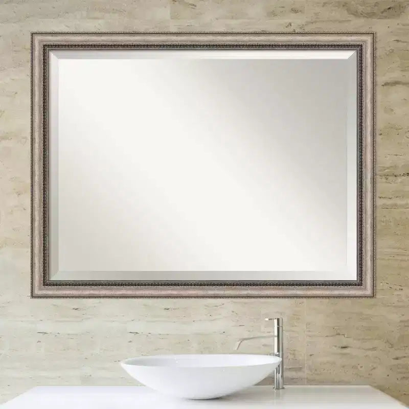 Miroir mural de salle de bain encadré orné Lyla de 44 po x 34 po argenté - Amanti Art : Moderne rectangulaire biseauté, aucun assemblage requis
