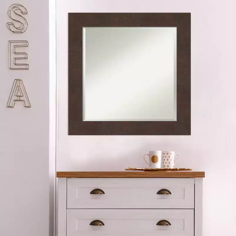 Miroir mural encadré Wildwood 25 po x 25 po marron - Amanti Art : carré moderne biseauté, cadre en polystyrène
