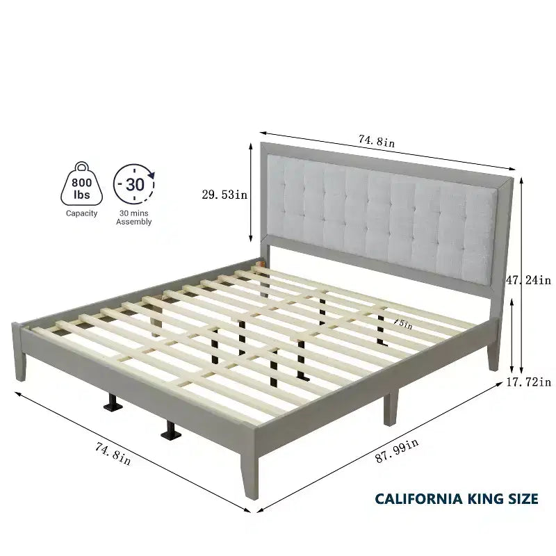 Lit plateforme Christopher Knight Home Lincoln en bois d'hévéa avec tête de lit capitonnée, gris