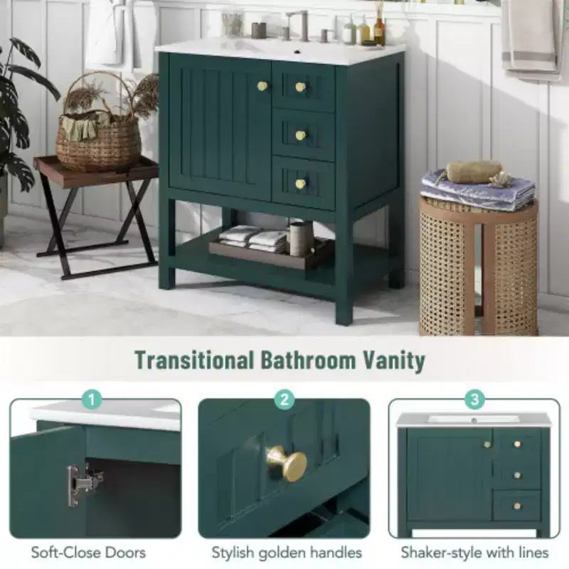 Meuble de rangement de salle de bain de style transitionnel de 30 pouces avec lavabo en céramique et coiffeuse