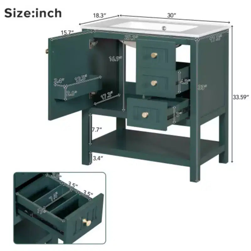 Meuble de rangement de salle de bain de style transitionnel de 30 pouces avec lavabo en céramique et coiffeuse