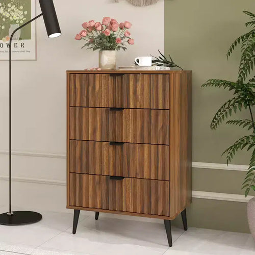 24 Fluted with 4 Drawer Dresser, Modern Dressers for Bedroom, Wood Dresser Organizer Dresser with Blister Drawers, Brown