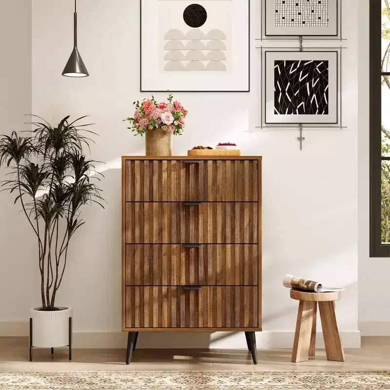 Commode 24 cannelures avec 4 tiroirs, commodes modernes pour chambre à coucher, organisateur de commode en bois avec tiroirs à bulles, marron