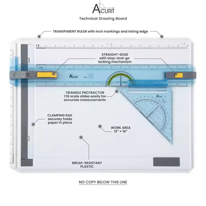 Table à dessin technique Acurit - Planche à dessin portable avec kit multi-outils, plastique incassable, mécanisme de verrouillage à bord droit, transparente