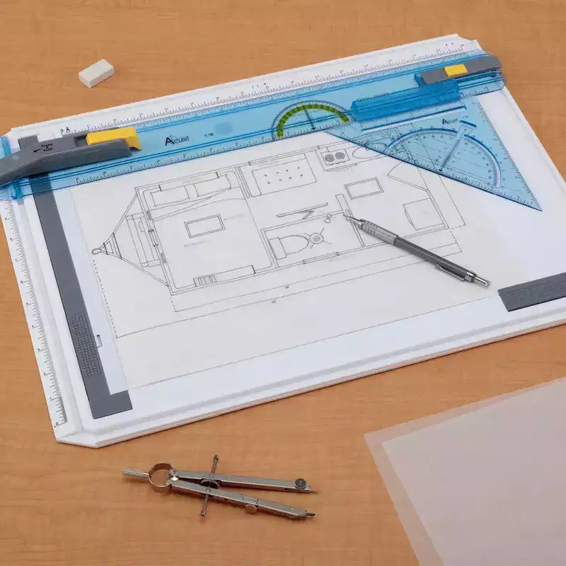 Table à dessin technique Acurit - Planche à dessin portable avec kit multi-outils, plastique incassable, mécanisme de verrouillage à bord droit, transparente