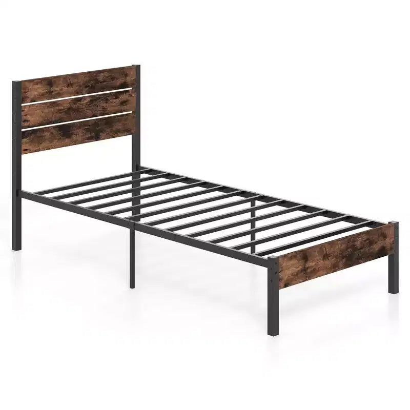 Cadre de lit Costway pour lits jumeaux/double/queen/king size avec tête de lit industrielle haute, support à lattes métalliques robustes, marron