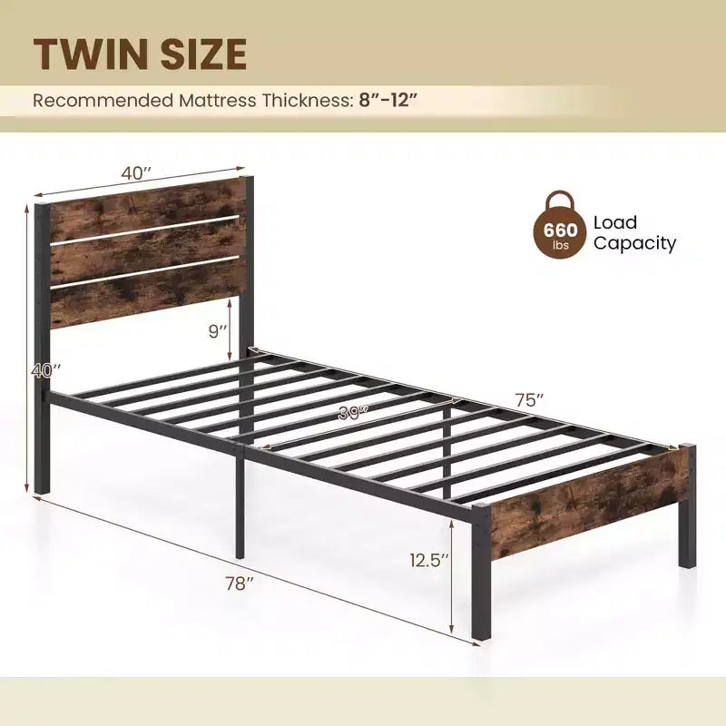 Cadre de lit Costway pour lits jumeaux/double/queen/king size avec tête de lit industrielle haute, support à lattes métalliques robustes, marron