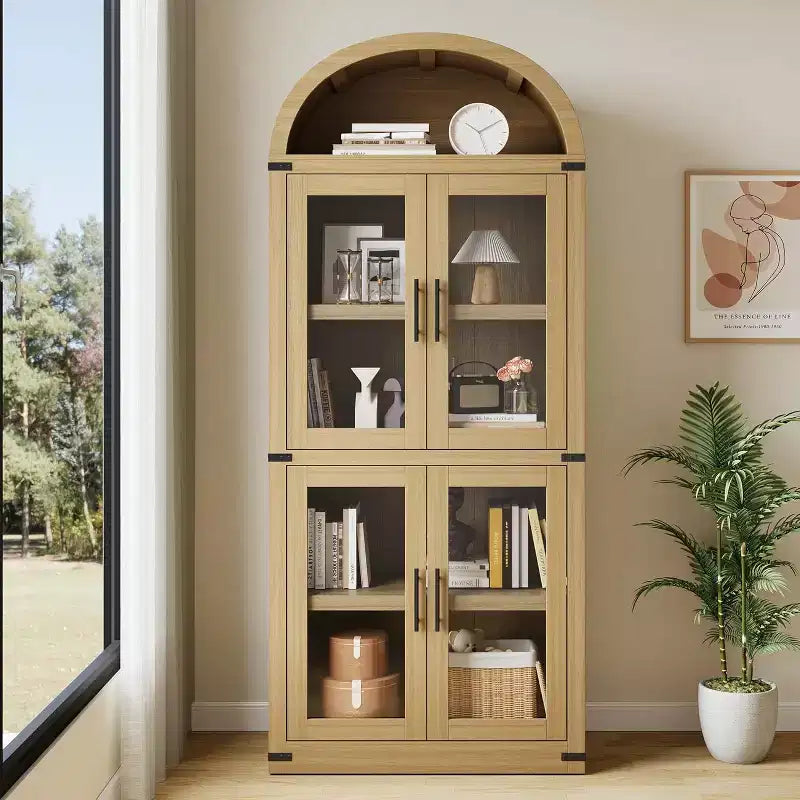 Étagère en bois cintrée de 181,3 cm de hauteur avec portes, bibliothèque de style rustique à bords arrondis pour le salon, la cuisine, le bureau (Naturel)