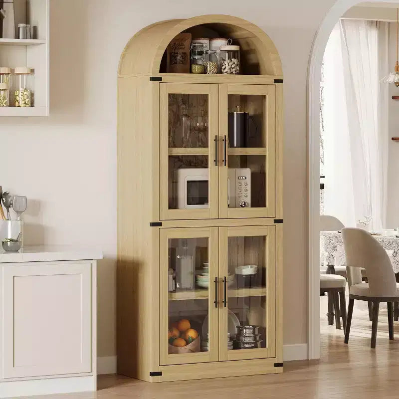 Étagère en bois cintrée de 181,3 cm de hauteur avec portes, bibliothèque de style rustique à bords arrondis pour le salon, la cuisine, le bureau (Naturel)