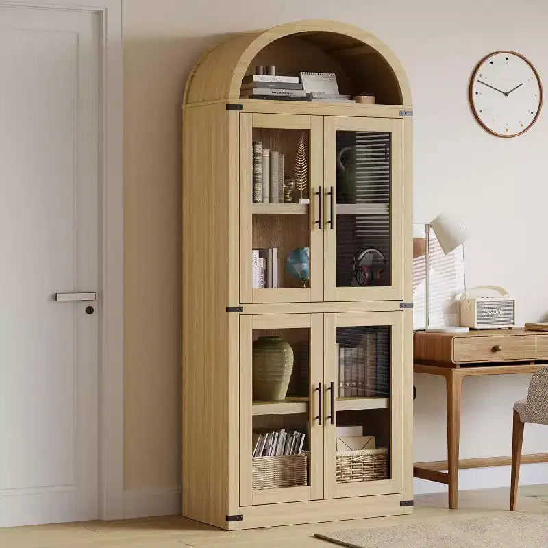 Étagère en bois cintrée de 181,3 cm de hauteur avec portes, bibliothèque de style rustique à bords arrondis pour le salon, la cuisine, le bureau (Naturel)