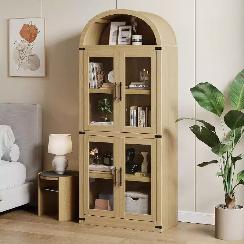 Étagère en bois cintrée de 181,3 cm de hauteur avec portes, bibliothèque de style rustique à bords arrondis pour le salon, la cuisine, le bureau (Naturel)