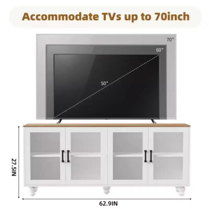 Meuble TV de ferme de 70 pouces avec portes en verre, buffet avec étagères, buffet à 5 pieds en bois pour salon