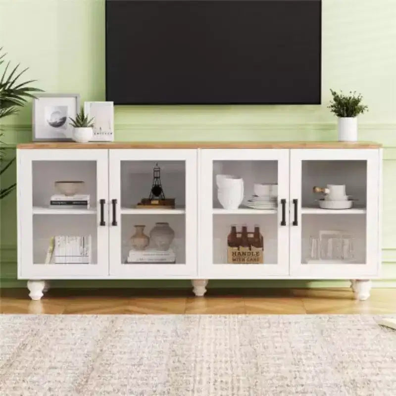 70 Farmhouse TV Stand with Glass Doors, Sideboard with Shelves, 5-Wood Leg Buffet for Living Room
