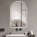 28x48 Arched LED Bathroom Mirror: Time/Temperature Display, Backlight, Anti-Fog, Dimmable, Black Frame