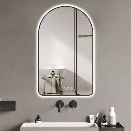 28x48 Arched LED Bathroom Mirror: Time/Temperature Display, Backlight, Anti-Fog, Dimmable, Black Frame