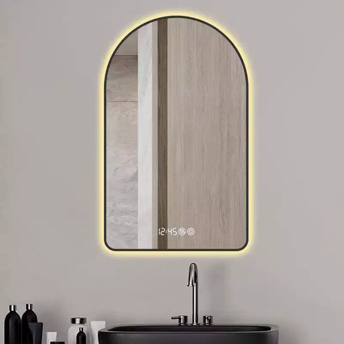 Miroir de salle de bain LED arqué 28x48 : Affichage heure/température, Rétroéclairage, Anti-buée, Intensité variable, Cadre noir