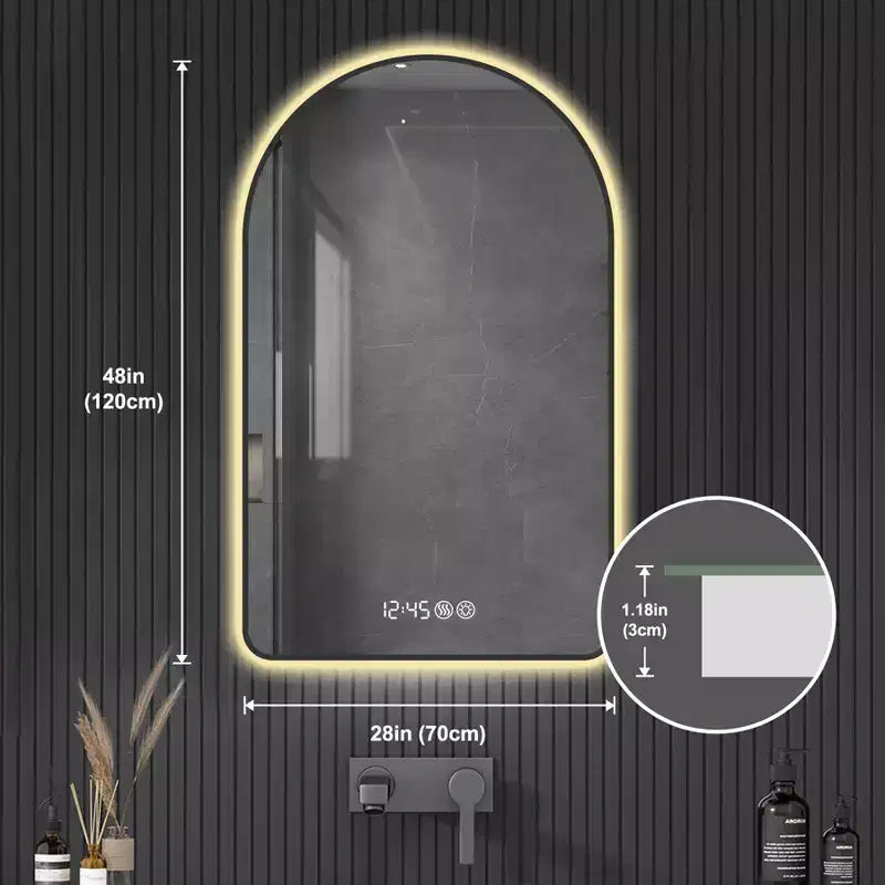 Miroir de salle de bain LED arqué 28x48 : Affichage heure/température, Rétroéclairage, Anti-buée, Intensité variable, Cadre noir
