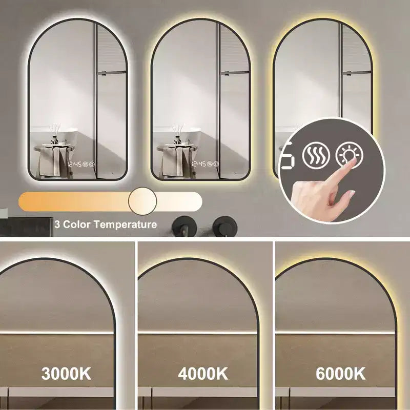 Miroir de salle de bain LED arqué 28x48 : Affichage heure/température, Rétroéclairage, Anti-buée, Intensité variable, Cadre noir