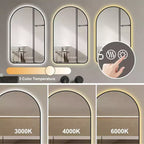 Miroir de salle de bain LED arqué 28x48 : Affichage heure/température, Rétroéclairage, Anti-buée, Intensité variable, Cadre noir