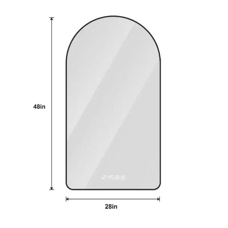 Miroir de salle de bain LED arqué 28x48 : Affichage heure/température, Rétroéclairage, Anti-buée, Intensité variable, Cadre noir