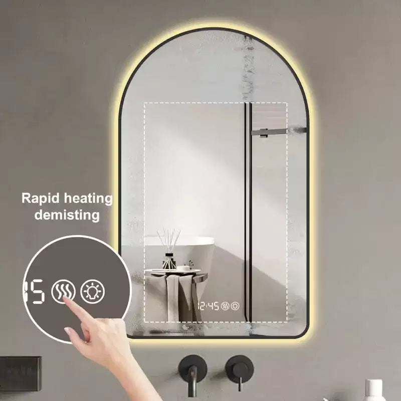 Miroir de salle de bain LED arqué 28x48 : Affichage heure/température, Rétroéclairage, Anti-buée, Intensité variable, Cadre noir
