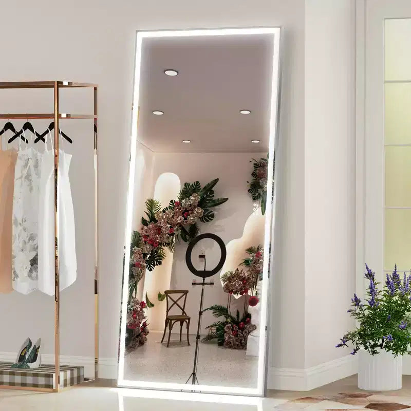 Miroir de salle de bain LED surdimensionné 72x32 : Fixation murale, 3 modes de couleur, Cadre en aluminium, Pleine longueur, Argent