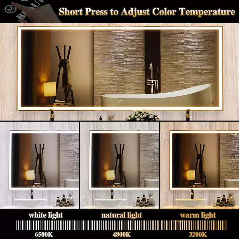 Miroir de salle de bain LED surdimensionné 72x32 : Fixation murale, 3 modes de couleur, Cadre en aluminium, Pleine longueur, Argent
