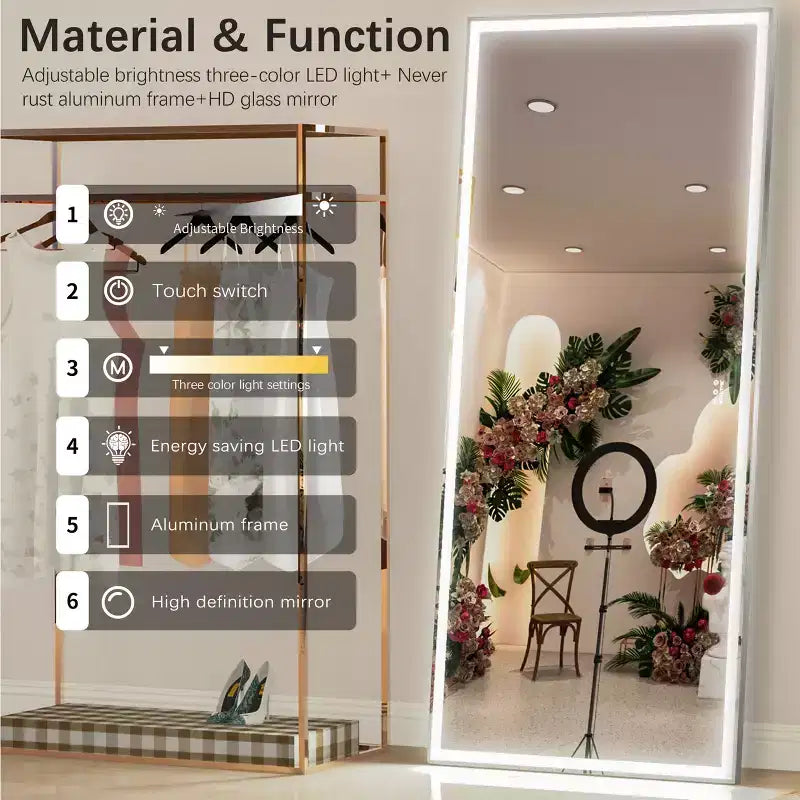 Miroir de salle de bain LED surdimensionné 72x32 : Fixation murale, 3 modes de couleur, Cadre en aluminium, Pleine longueur, Argent