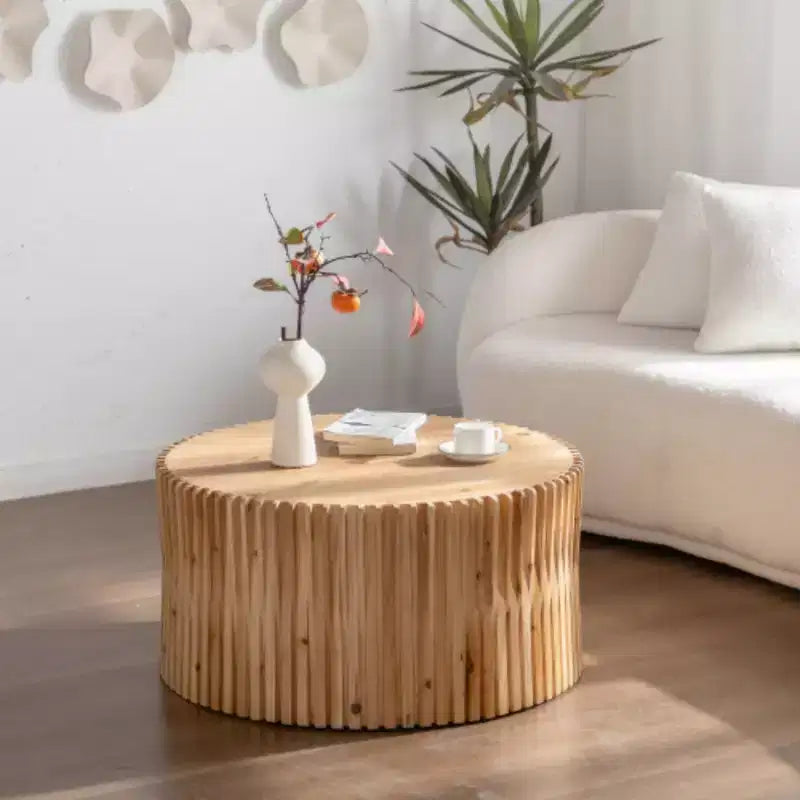 31.5 Retro Fashion Style Cylindrical Coffee Table with Vertical Texture Relief Design