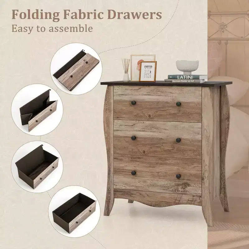 Costway Lot de 1/2 commodes de ferme 76 cm avec 3 tiroirs pliables en tissu, kit anti-basculement, marron