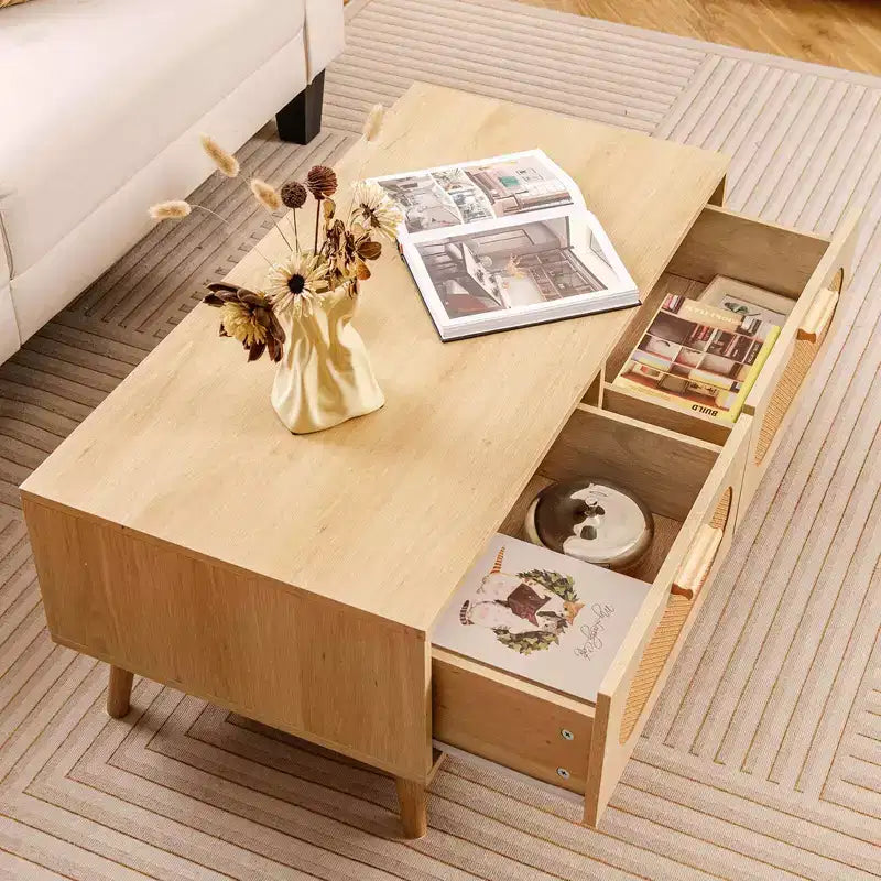 Table basse en rotin Costway, table centrale moderne du milieu du siècle avec 2 tiroirs de rangement
