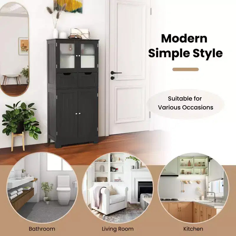 Meuble de rangement pour salle de bain Costway, Armoire de cuisine avec 2 tiroirs et portes vitrées Blanc/Gris/Noir