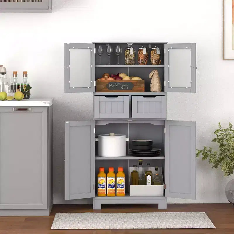 Meuble de rangement pour salle de bain Costway, Armoire de cuisine avec 2 tiroirs et portes vitrées Blanc/Gris/Noir