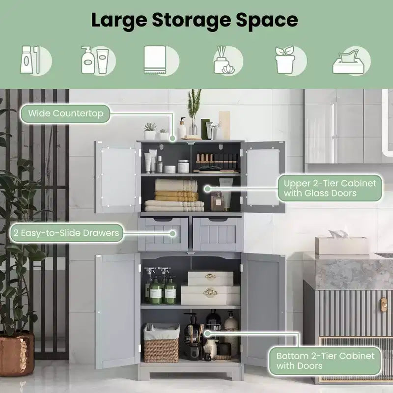 Meuble de rangement pour salle de bain Costway, Armoire de cuisine avec 2 tiroirs et portes vitrées Blanc/Gris/Noir