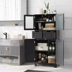 Meuble de rangement pour salle de bain Costway, Armoire de cuisine avec 2 tiroirs et portes vitrées Blanc/Gris/Noir