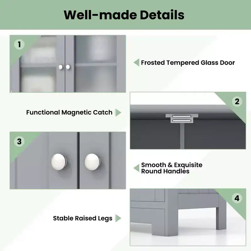 Meuble de rangement pour salle de bain Costway, Armoire de cuisine avec 2 tiroirs et portes vitrées Blanc/Gris/Noir