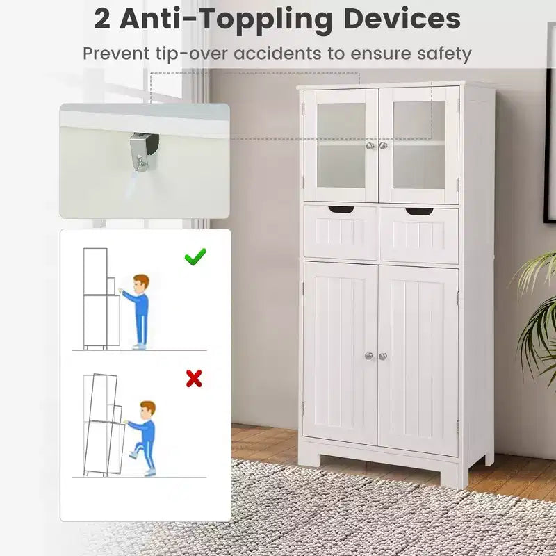 Meuble de rangement pour salle de bain Costway, Armoire de cuisine avec 2 tiroirs et portes vitrées Blanc/Gris/Noir