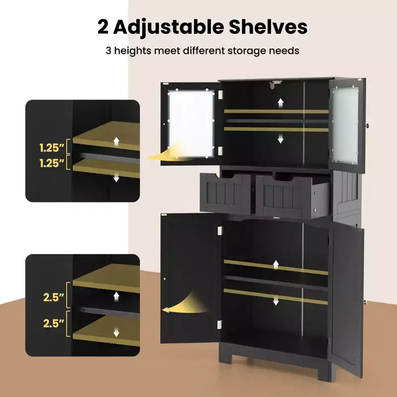 Meuble de rangement pour salle de bain Costway, Armoire de cuisine avec 2 tiroirs et portes vitrées Blanc/Gris/Noir