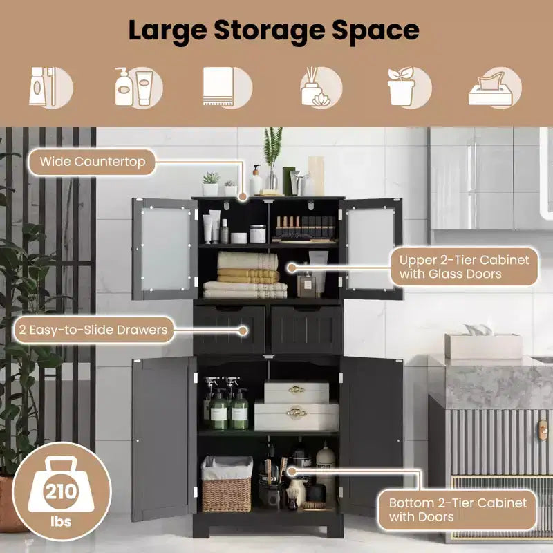 Meuble de rangement pour salle de bain Costway, Armoire de cuisine avec 2 tiroirs et portes vitrées Blanc/Gris/Noir