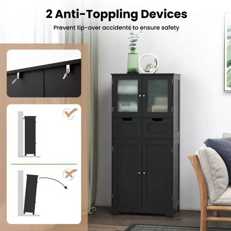 Meuble de rangement pour salle de bain Costway, Armoire de cuisine avec 2 tiroirs et portes vitrées Blanc/Gris/Noir
