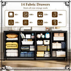 Commode large de 160 cm avec 14 tiroirs en tissu, ports USB intégrés, unité de rangement multifonctionnelle pour la télévision, la chambre, le salon ou le bureau