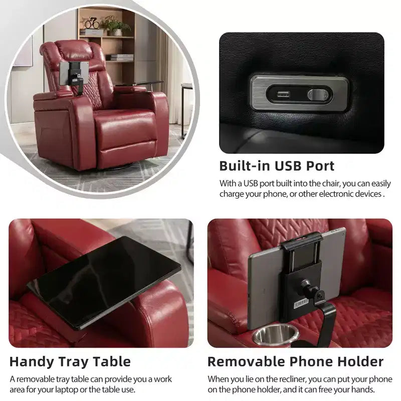 Fauteuil inclinable électrique pivotant 270° en similicuir avec tablette, support de téléphone, port USB et fonction bascule pour un confort home cinéma