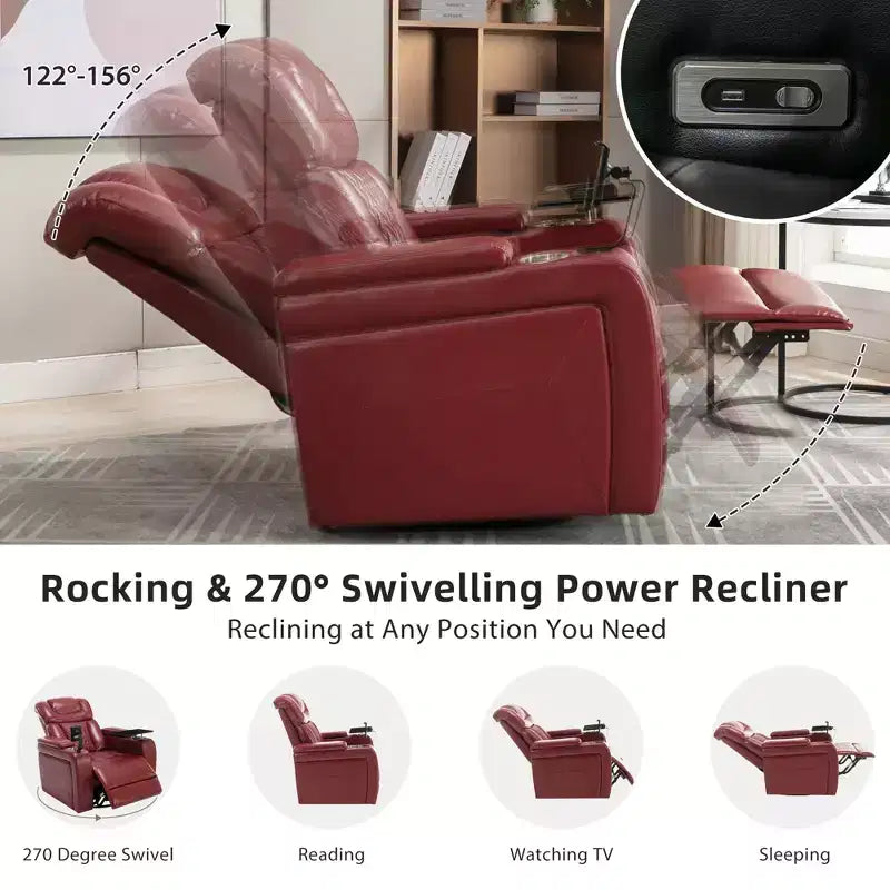 Fauteuil inclinable électrique pivotant 270° en similicuir avec tablette, support de téléphone, port USB et fonction bascule pour un confort home cinéma