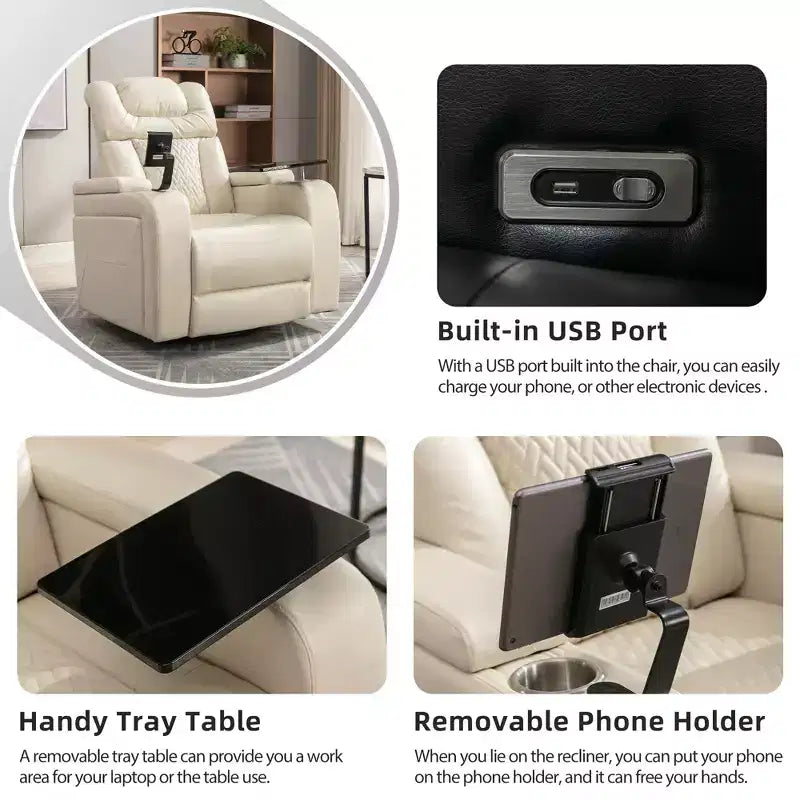 Fauteuil inclinable électrique pivotant 270° en similicuir avec tablette, support de téléphone, port USB et fonction bascule pour un confort home cinéma