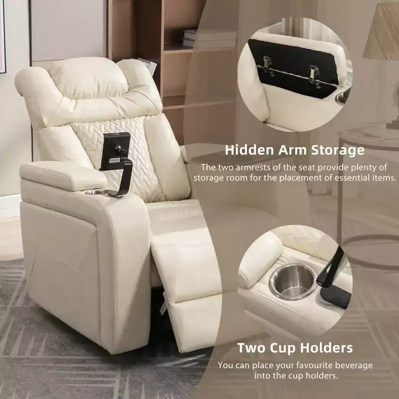 Fauteuil inclinable électrique pivotant 270° en similicuir avec tablette, support de téléphone, port USB et fonction bascule pour un confort home cinéma