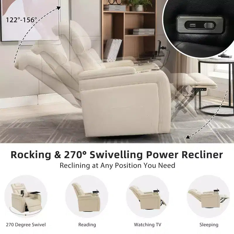 Fauteuil inclinable électrique pivotant 270° en similicuir avec tablette, support de téléphone, port USB et fonction bascule pour un confort home cinéma