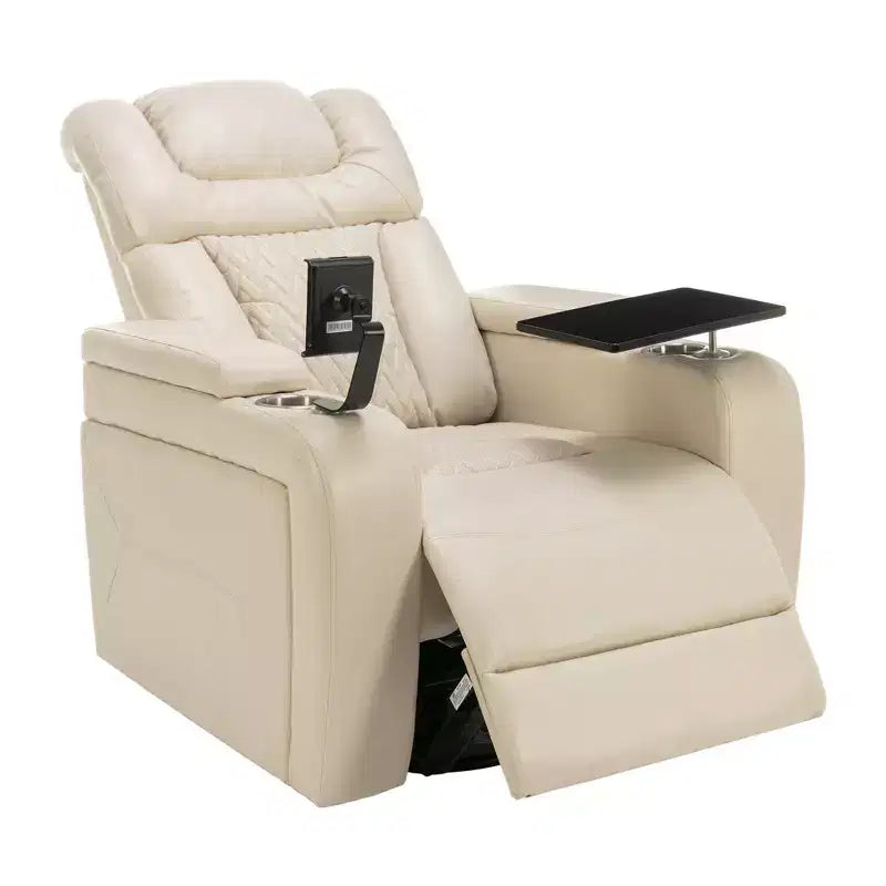 Fauteuil inclinable électrique pivotant 270° en similicuir avec tablette, support de téléphone, port USB et fonction bascule pour un confort home cinéma