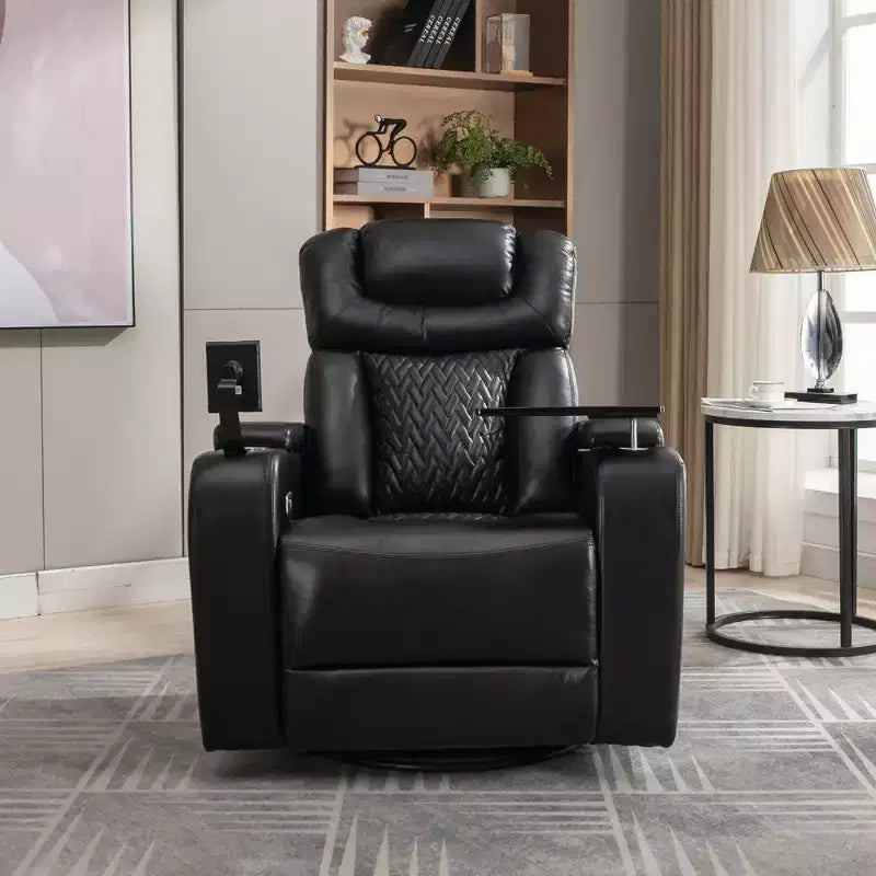 270 Swivel PU Leather Power Recliner with Tray Table, Phone Holder, USB Port & Rocking Function for Home Theater Comfort