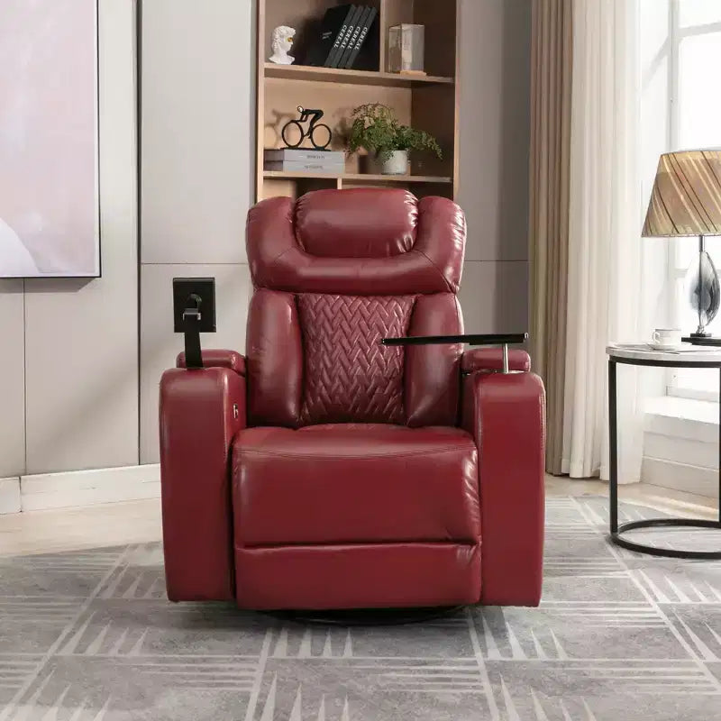 Fauteuil inclinable électrique pivotant 270° en similicuir avec tablette, support de téléphone, port USB et fonction bascule pour un confort home cinéma