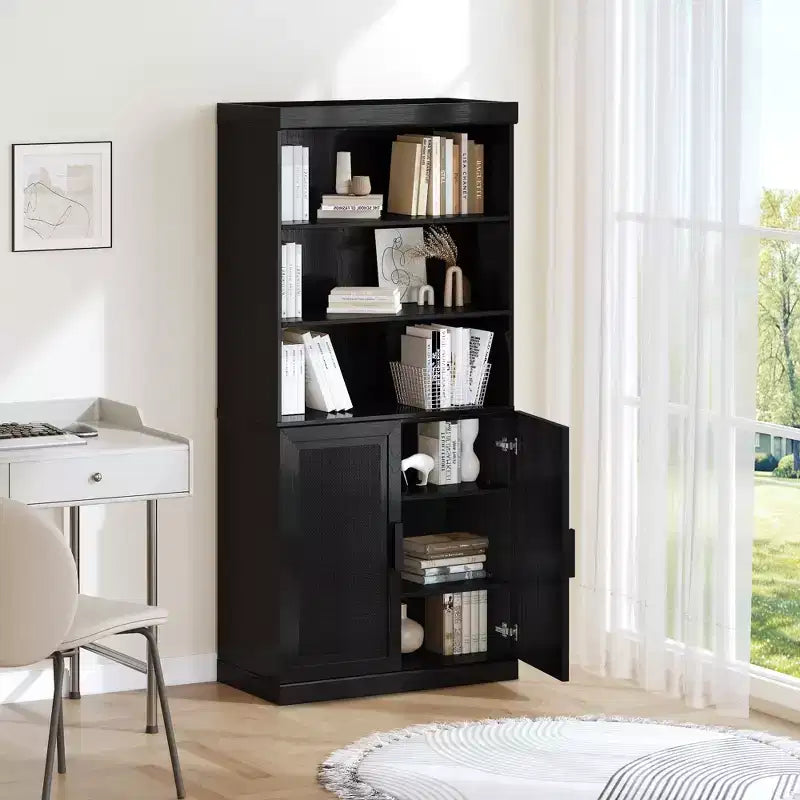 31 x 67 Black Wood Grain Combination Cabinet with 4 Adjustable Shelves, Open Bookshelf Storage Cabinet